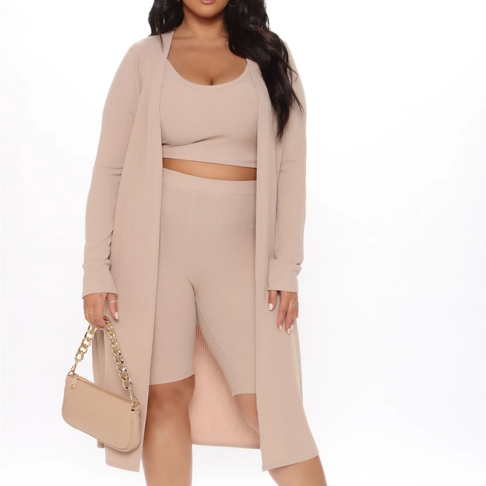 Beige Ribbed Lounge Set with Cardigan